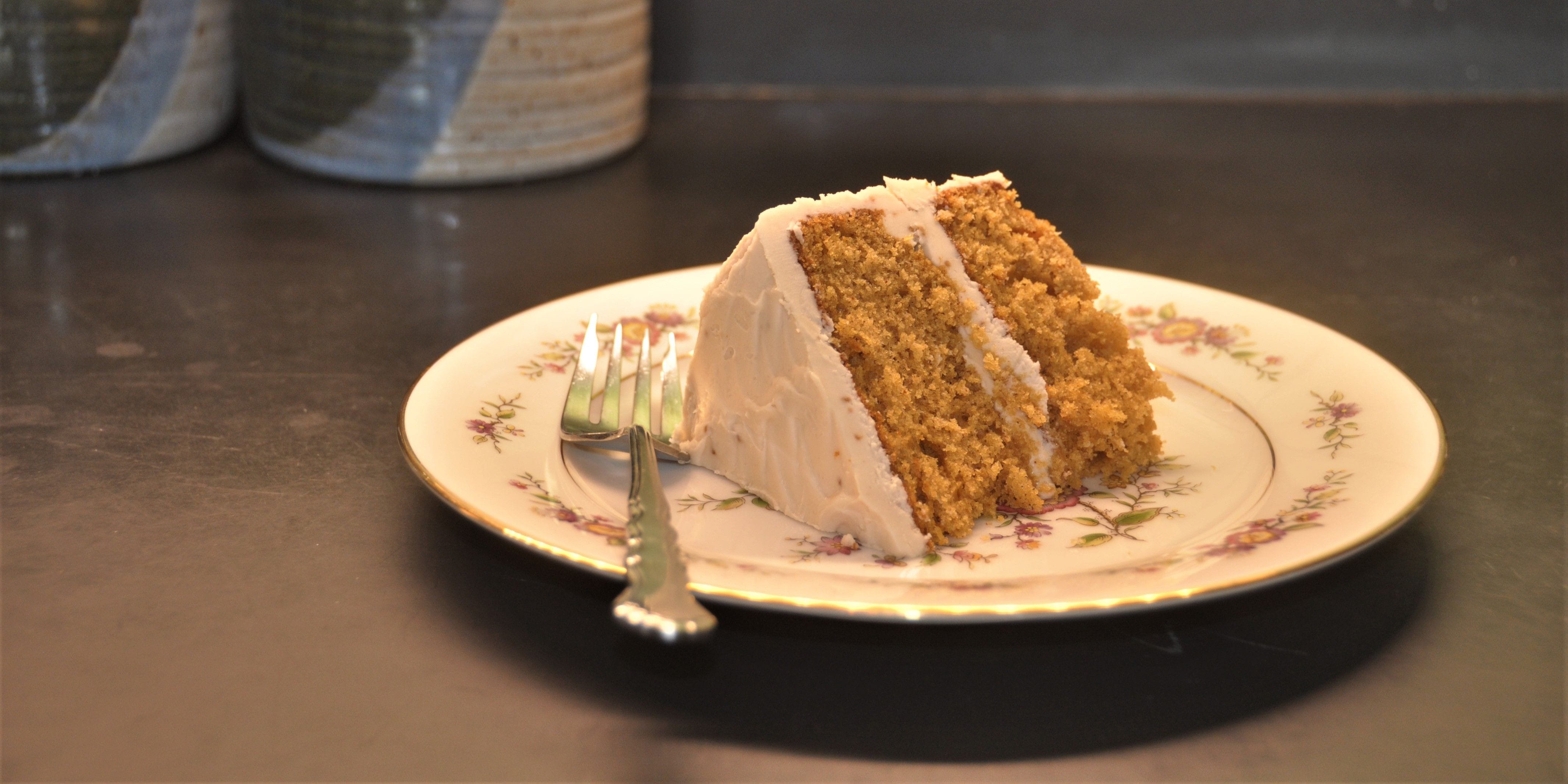 Moist and light as a feather spice cake with maple buttercream frosting.